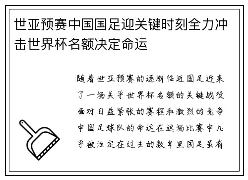 世亚预赛中国国足迎关键时刻全力冲击世界杯名额决定命运
